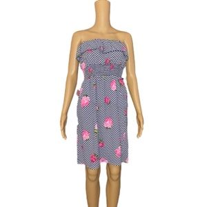 Blue sketch checkered strapless floral dress